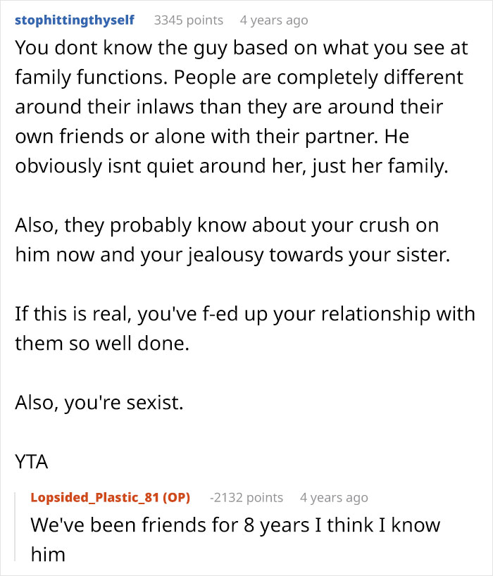 Reddit comment discussing relationship dynamics and backlash from a woman&rsquo;s nasty comment about her husband and dress style.