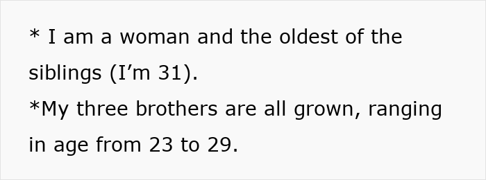 Text excerpt describing a woman and her three brothers, highlighting family dynamics related to a birthday gift and celebration. Text excerpt describing a woman and her three brothers, highlighting family dynamics related to a birthday gift and celebration.