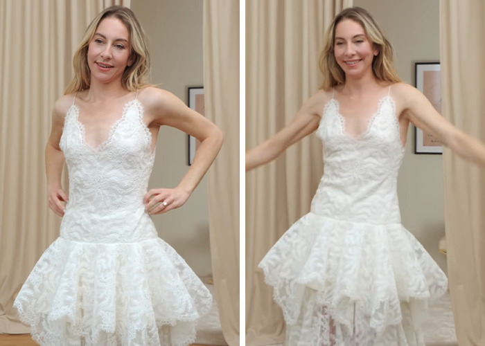 Woman in a white lace dress resembling a wedding gown, reflecting on Taylor Swift's look scrutinized by fans at a friend's wedding. Woman in a white lace dress resembling a wedding gown, reflecting on Taylor Swift's look scrutinized by fans at a friend's wedding.