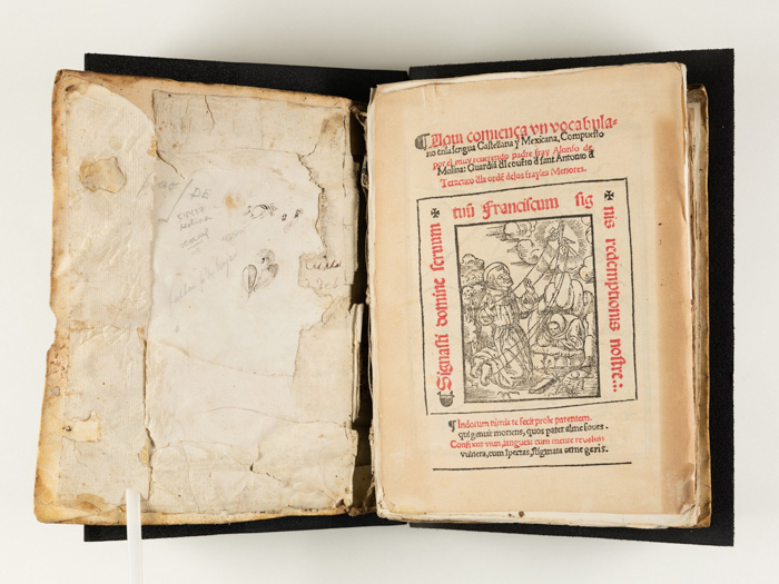 Open antique book showing printed illustration and Spanish text, fun facts about Mexico