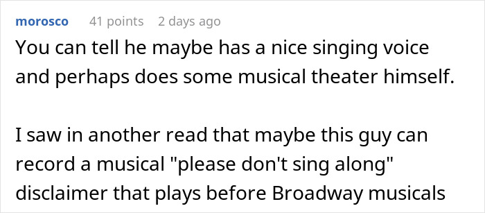 Reddit screenshot about a Male Karen noting his singing voice and joking about a please don't sing along sign