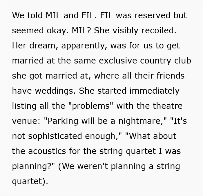Text excerpt showing a woman snaps at MIL over a manipulative and controlling gift about wedding venue issues. Text excerpt showing a woman snaps at MIL over a manipulative and controlling gift about wedding venue issues.