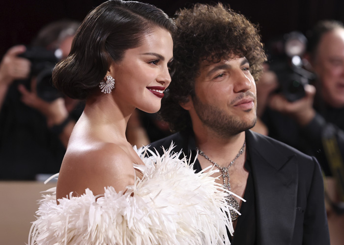 Selena Gomez and Benny Blanco posing together at the Golden Globes event, sparking a disgusting mess reaction from fans.
