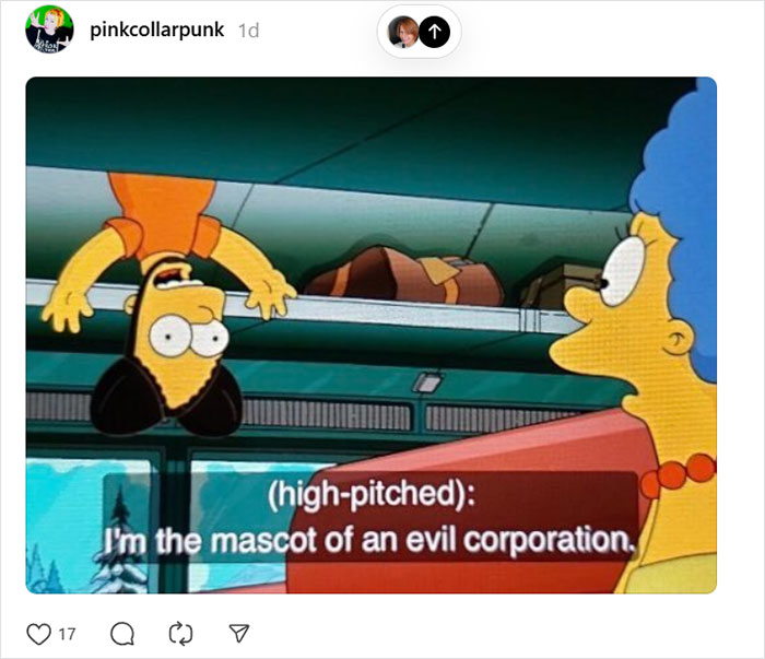 Screenshot from The Simpsons with a character hanging upside down saying mascot of an evil corporation in a viral Disney thread.
