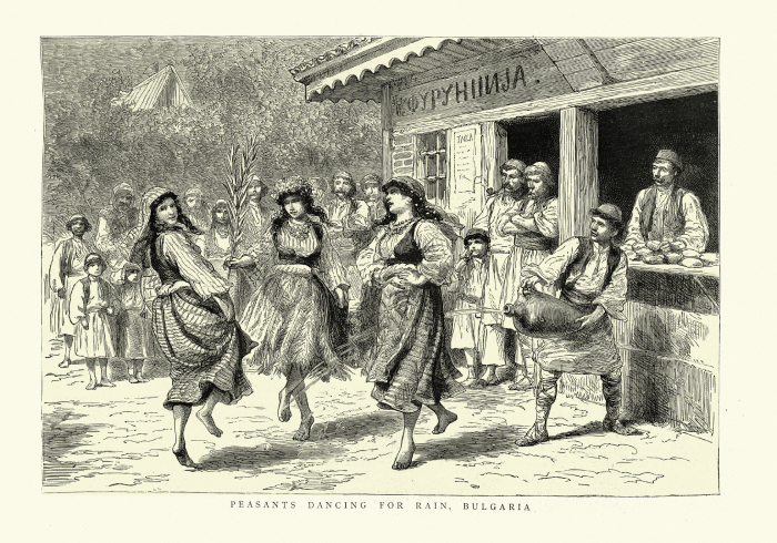 Peasants dancing for rain in Bulgaria, illustrating cultural traditions of one of the oldest countries in the world.