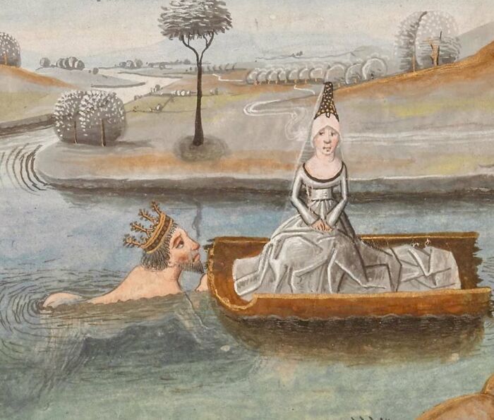 Medieval painting depicting a crowned man swimming beside a boat carrying a woman in a tall pointed hat.