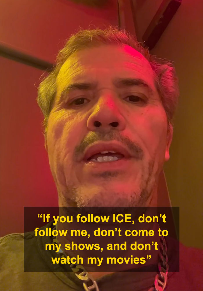 Star actor speaking to fans with bold statement about choosing between him and ICE, lit by red and yellow lighting. Star actor speaking to fans with bold statement about choosing between him and ICE, lit by red and yellow lighting.
