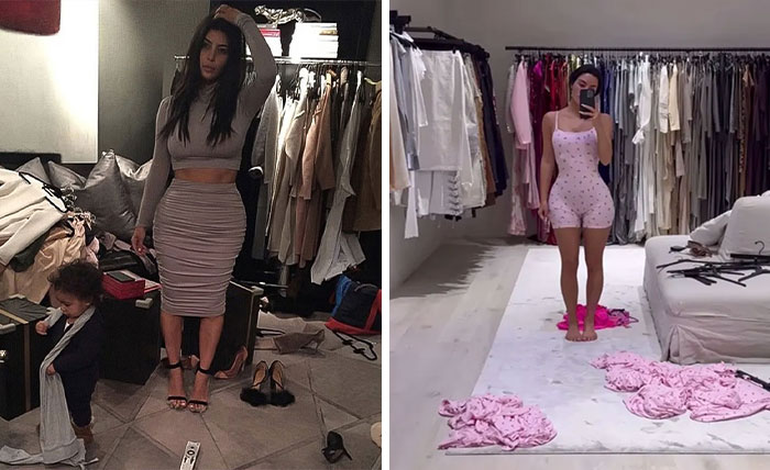 Two images showing celebrity bedrooms and closets cluttered with clothes, illustrating worst celebrity homes revealed.