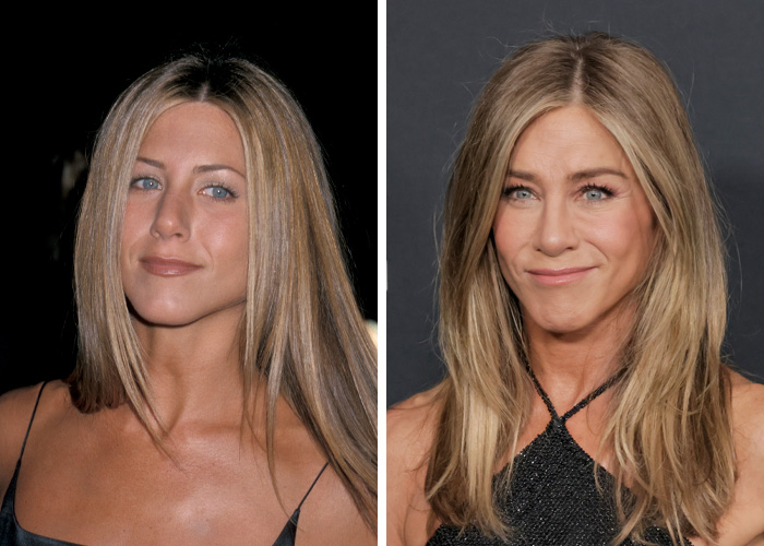 Famous woman with long blonde hair and youthful appearance in two side-by-side portrait photos.