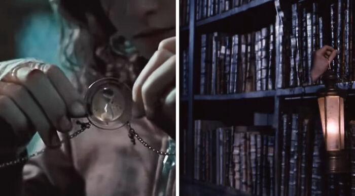 Split image: close-up of hands holding a glass locket and a hand with lantern among bookshelves, Would You Rather