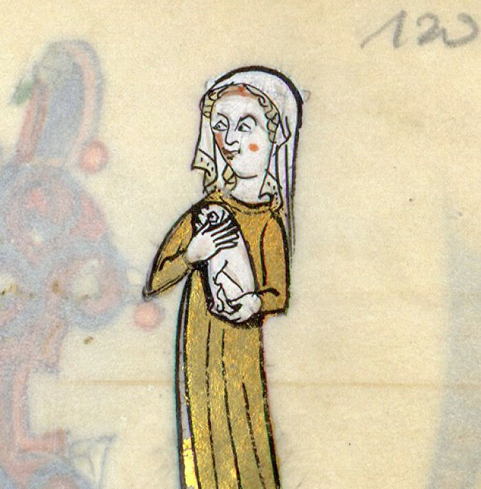 Medieval painting of a woman in traditional dress holding a small dog, perfect for meme captions and punchlines.
