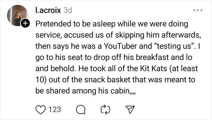 Screenshot of a social media post describing a passenger’s unhinged behavior witnessed by flight attendants on a flight.