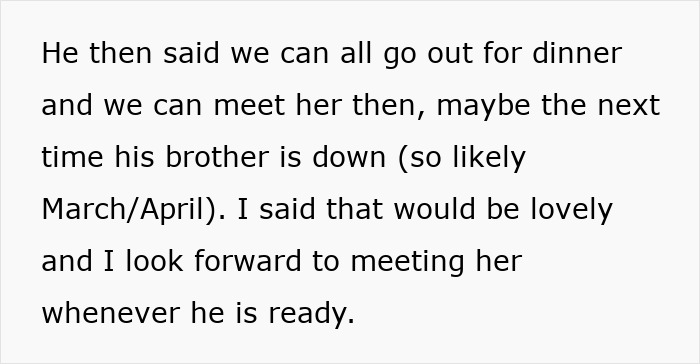 Text excerpt explaining plans to meet son's girlfriend later, reflecting mom's welcoming invite and son's reaction. Text excerpt explaining plans to meet son's girlfriend later, reflecting mom's welcoming invite and son's reaction.