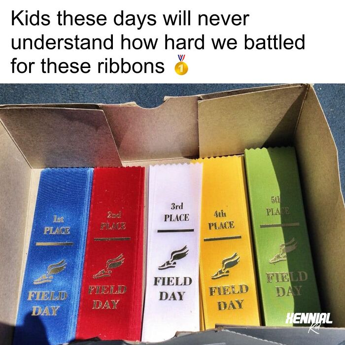 Box of colorful field day ribbons from first to fifth place, invoking nostalgic memories for Xenials.