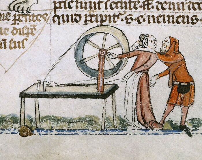 Medieval painting showing a man and woman by a spinning wheel, perfect for meme captions and punchlines about medieval life.