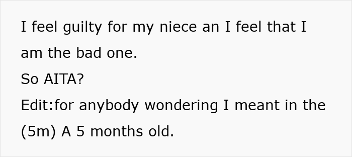 Text about feeling guilty for niece and being questioned if they are the bad one, mentioning 5-month-old child. Text about feeling guilty for niece and being questioned if they are the bad one, mentioning 5-month-old child.