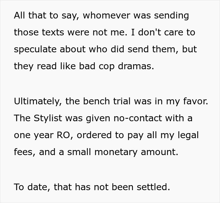 Text excerpt from a woman sharing a crazy story about her hair stylist and a legal dispute involving a no-contact order.