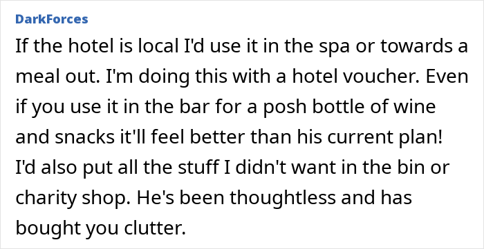 Comment about woman feeling bad for being ungrateful for husband's gifts, with people agreeing his gifts are abhorrent.