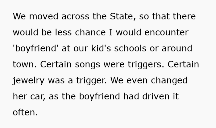 Text discussing a wife's cosmetic upgrade linked to infidelity and the husband's emotional spiral as she demands more.
