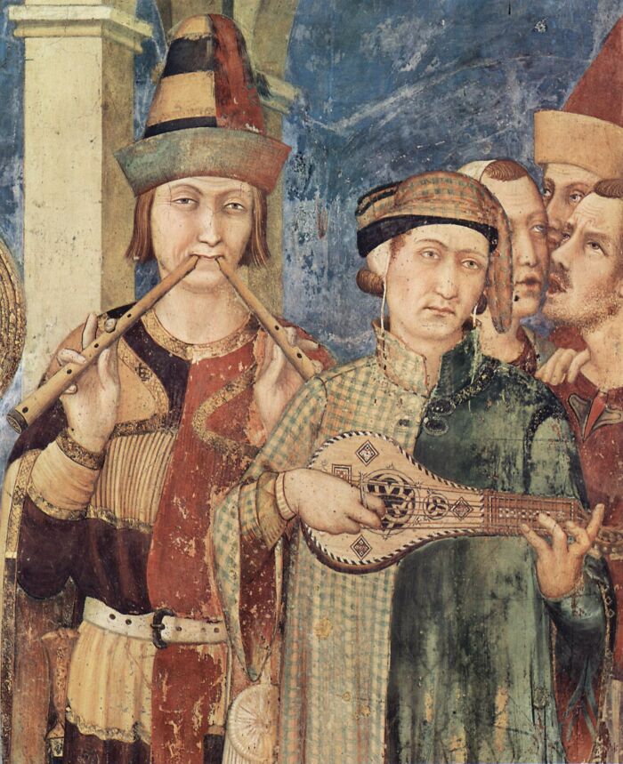 Medieval musicians playing flutes and lute in a detailed painting, illustrating scenes for meme captions and punchlines.