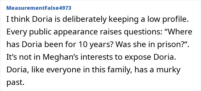 Comment discussing Meghan Markle&rsquo;s alleged rift with mom Doria and speculation about her low profile and murky past.