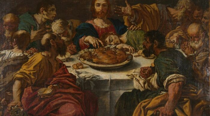 Medieval painting of a group gathered around a table, perfect for creating meme captions and punchlines.