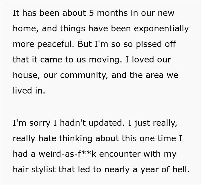 Text describing a woman sharing a crazy story about her hair stylist after finding a weird shrine for her hair.