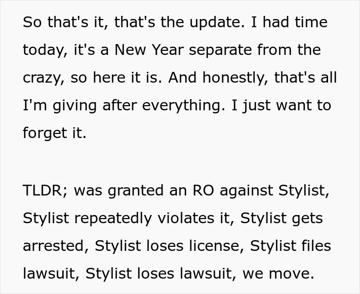 Text excerpt detailing a woman&rsquo;s story about her hair stylist involving legal issues and restraining orders.