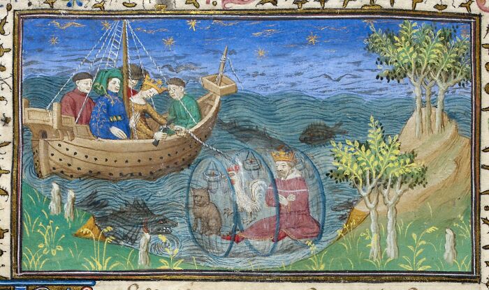 Medieval painting depicting a king in a bubble underwater near fishermen on a boat surrounded by fish and trees.