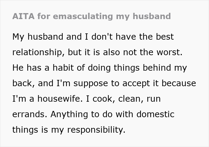 Text excerpt discussing a husband’s behavior and the wife’s role in domestic responsibilities amid relationship tension. Text excerpt discussing a husband’s behavior and the wife’s role in domestic responsibilities amid relationship tension.