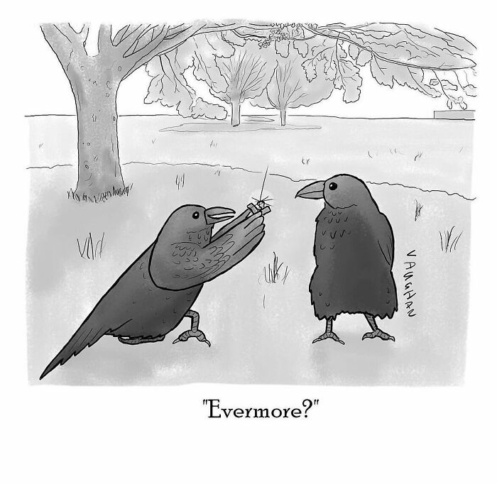 Black and white comic of two crows in a park, one crow holding a ring proposing, highlighting comedy in comics.