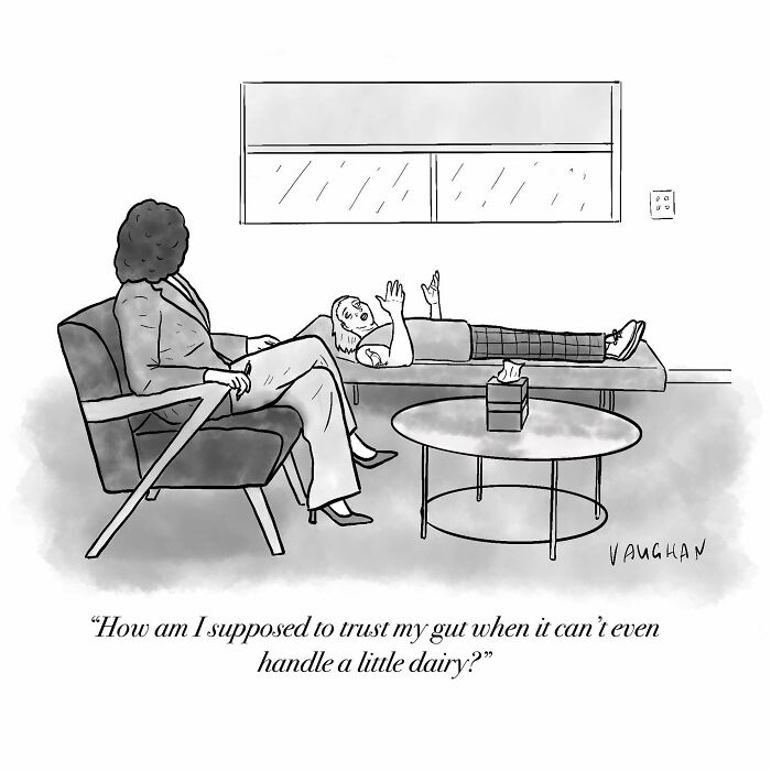 Black and white comic of a patient on a couch and therapist, illustrating comedy from the artist’s best comics.