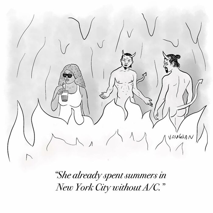 Cartoon depicting comedy with two devils and a woman drinking iced coffee in a fiery setting, showcasing artist's comic style.
