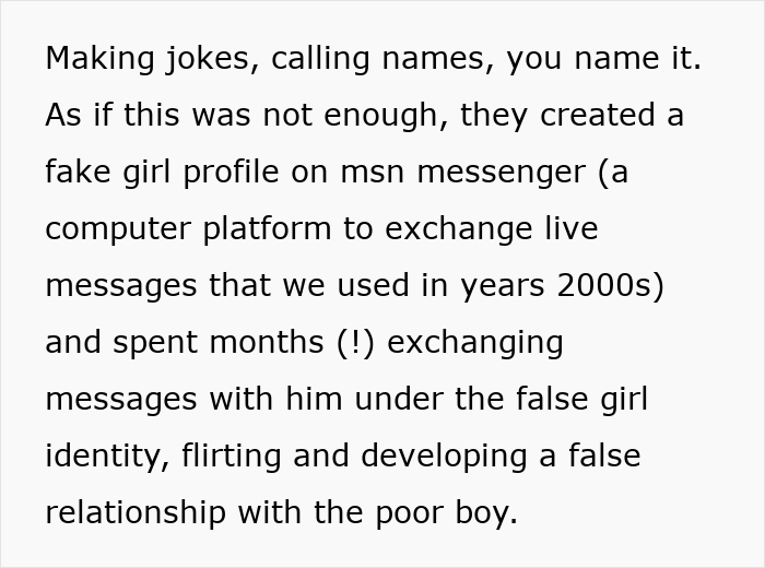 Text about a guy bullying another guy as a teen, with the girlfriend doing an uno-reverse and dumping him on his birthday.