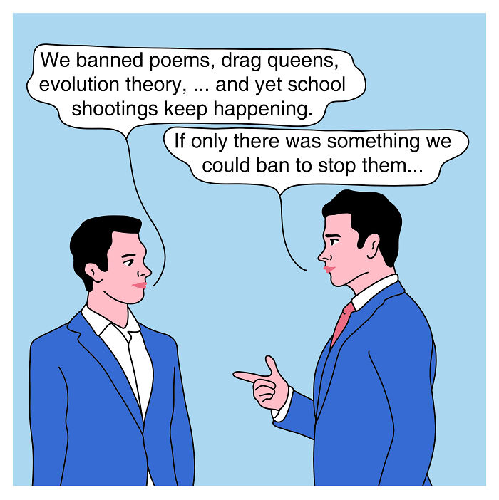 Studio Stoutpoep illustration: two men in suits argue in speech bubbles about banning poems, drag queens, and shootings