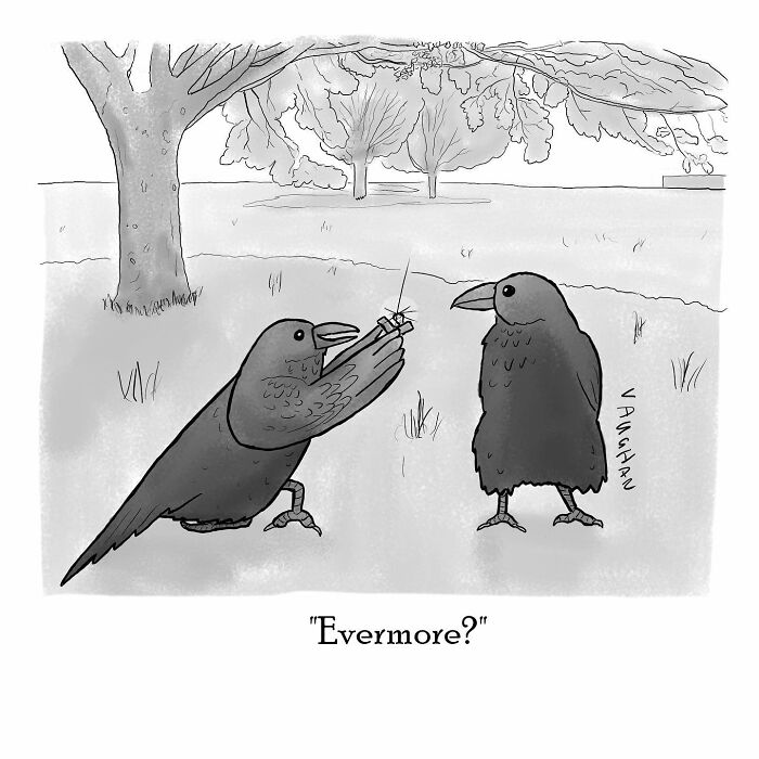 Two crows in a park, one holding a ring proposing to the other, illustrating humor from the artist's best comics.