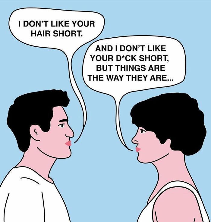 Studio Stoutpoep illustrations of two people facing each other with speech bubbles mocking hair and p***s length