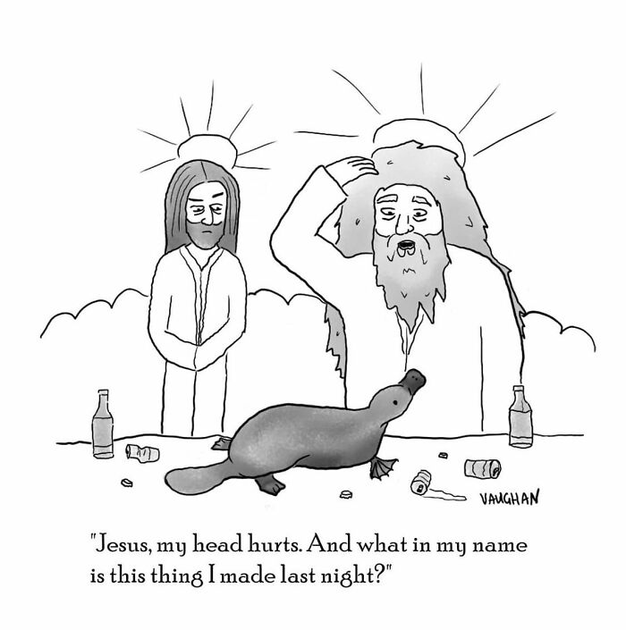Black and white comic illustration featuring a bearded man, Jesus, and a platypus, highlighting unique comedy in comics.
