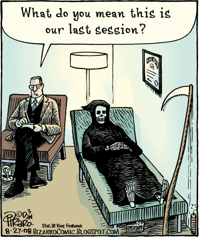 Cartoon by Dan Piraro showing a skeleton in therapy asking about their last session, capturing relatable modern life moments.