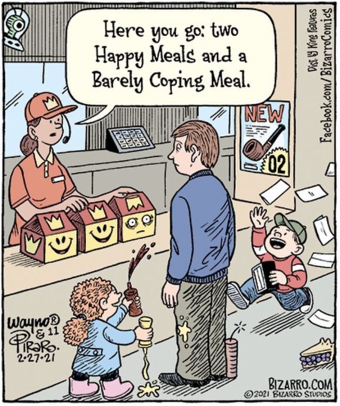 Cartoon by Dan Piraro showing a fast food worker serving meals while chaotic kids create a mess around a tired parent.