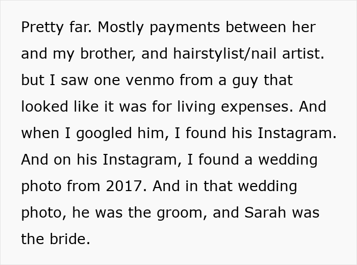 Text describing a Venmo search revealing details of a fiancée's fabricated past including a wedding photo from 2017. Text describing a Venmo search revealing details of a fiancée's fabricated past including a wedding photo from 2017.