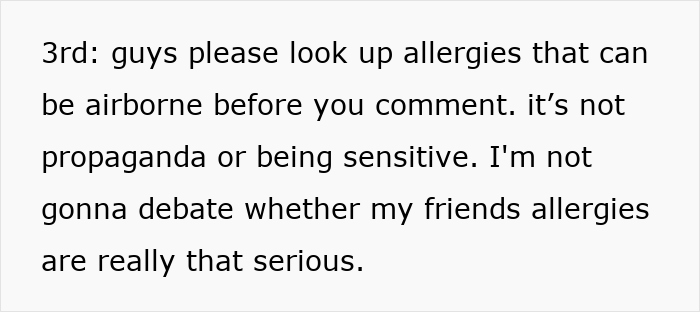 Text post discussing the seriousness of airborne food allergies and respecting allergy restrictions at parties.