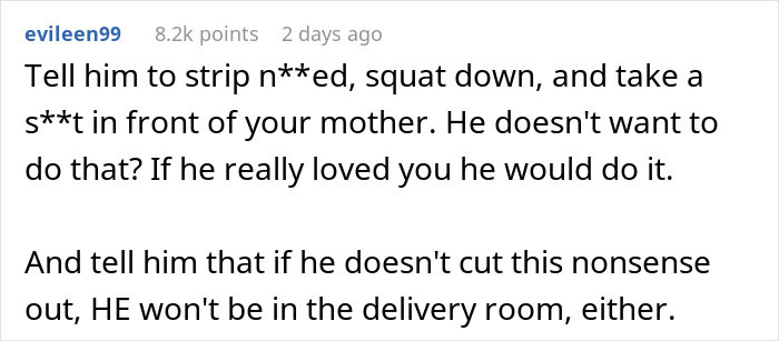 Text post discussing a pregnant woman refusing fianc&eacute;&rsquo;s mom in delivery room and conflict over compromise.