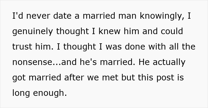 Text excerpt from a woman explaining how she unknowingly became the mistress in a 4-year relationship.