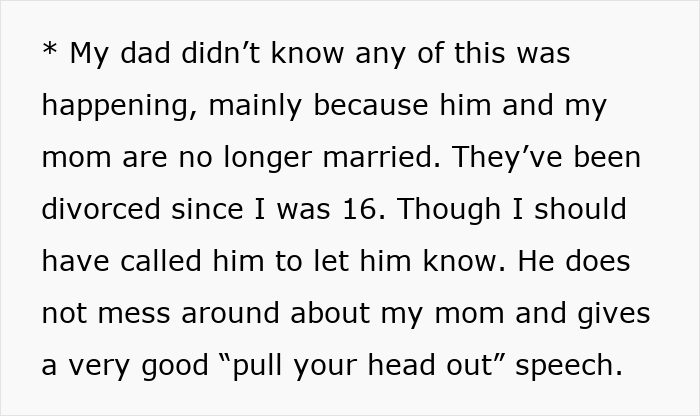 Text excerpt discussing family dynamics after divorce and a protective father giving advice about the mom. Text excerpt discussing family dynamics after divorce and a protective father giving advice about the mom.