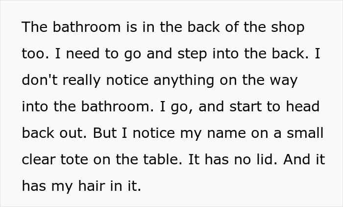 Text describing a woman&rsquo;s discovery of a weird hair shrine created by her hair stylist with her hair in a clear tote.