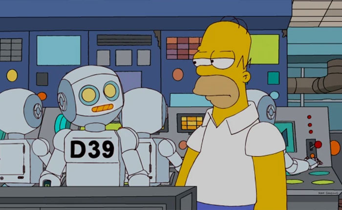 Homer in a control room with retro robots labeled D39, evoking The Simpsons predictions about future technology Homer in a control room with retro robots labeled D39, evoking The Simpsons predictions about future technology