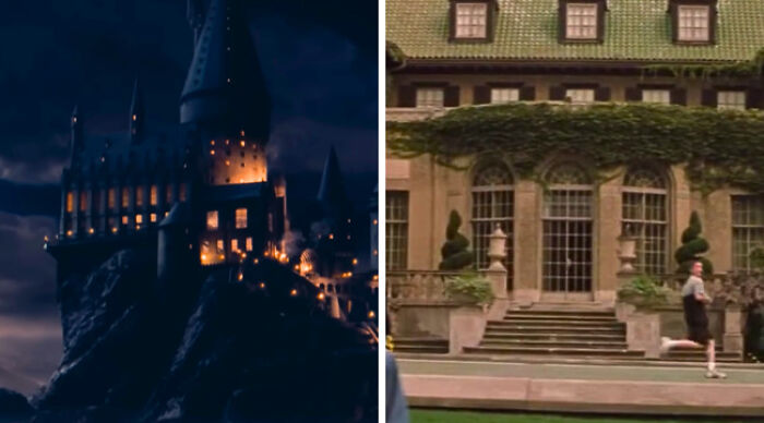 Split image of a lit fantasy castle and a stately manor with a runner, Would You Rather choices from books and films