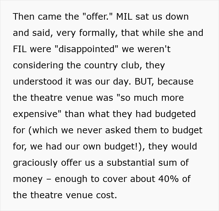 Text showing MIL’s “generous” gift as a manipulative way to control the woman’s life and wedding budget details. Text showing MIL’s “generous” gift as a manipulative way to control the woman’s life and wedding budget details.