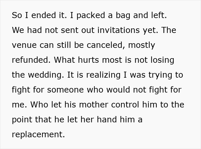 Text excerpt discussing a woman ending her relationship due to her mother-in-law's manipulative control over her partner's life.